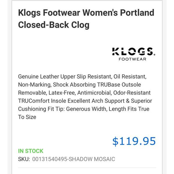 Kloggs Portland Closed Back Clog Shadow Mosaic Size 9 MSRP $119.95 Work Nurse - Picture 12 of 12